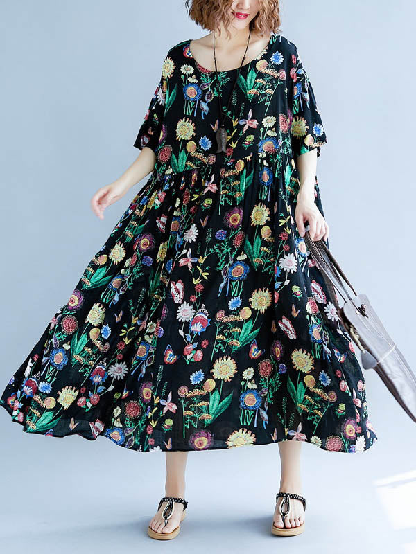 Vintage Loose Pleated Floral Printed Short Sleeves Midi Dress