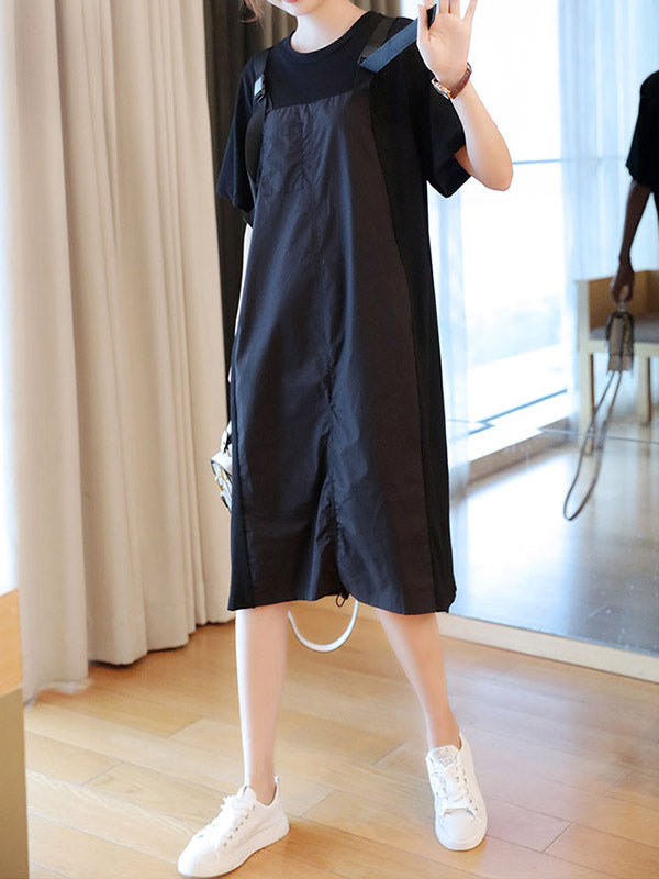 Original Casual Loose Solid Color Split-Joint Round-Neck Half Sleeves False Two Midi Dress