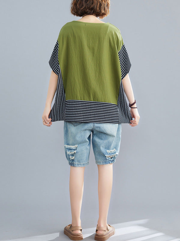 Vintage Ramie Cotton Striped Split-Joint Batwing Sleeves Round-Neck T-Shirt