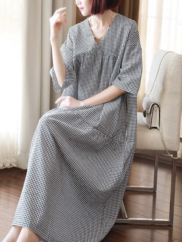 Original Black&White Plaid V-Neck Dress