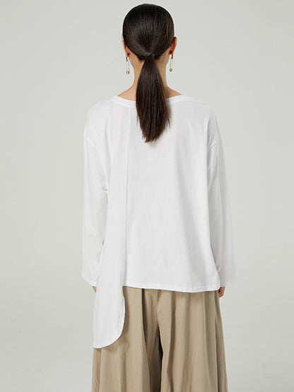 Stylish Asymmetric Polka-Dot Round-Neck Long Sleeves T-Shirt Tops
