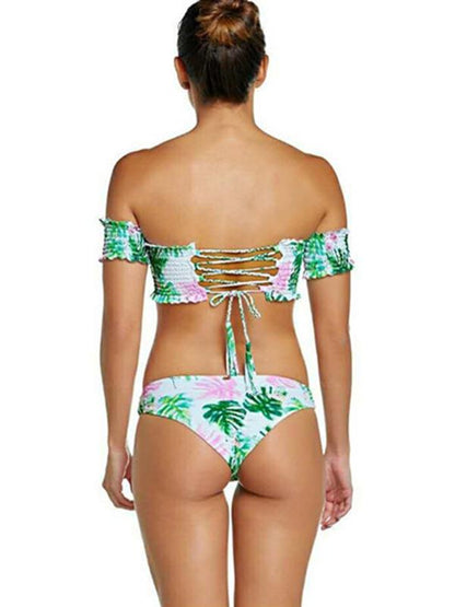 Sexy Drape Printed Short Sleeve Bikini Set