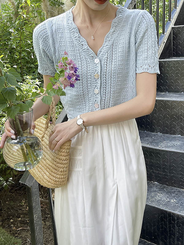 Original Solid Color V-Neck Knitting Cardigans Tops