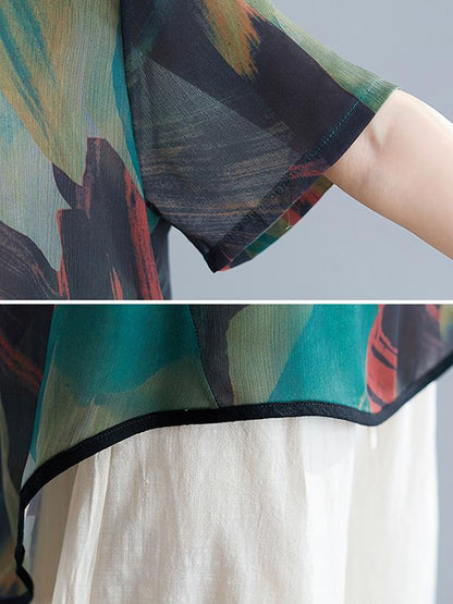 Chiffon Printed Short Sleeves Shirt + Wide Leg Pants Suits