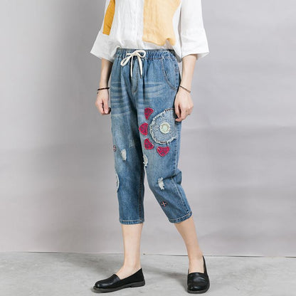 Casual Appliques Frayed Light Blue Jeans