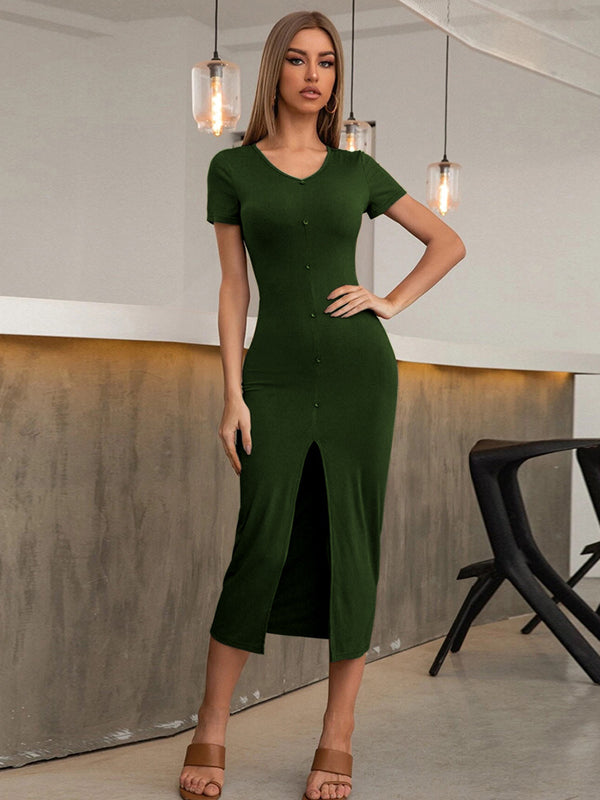 Simple Short Sleeves Skinny Split-Front Solid Color V-Neck Midi Dresses