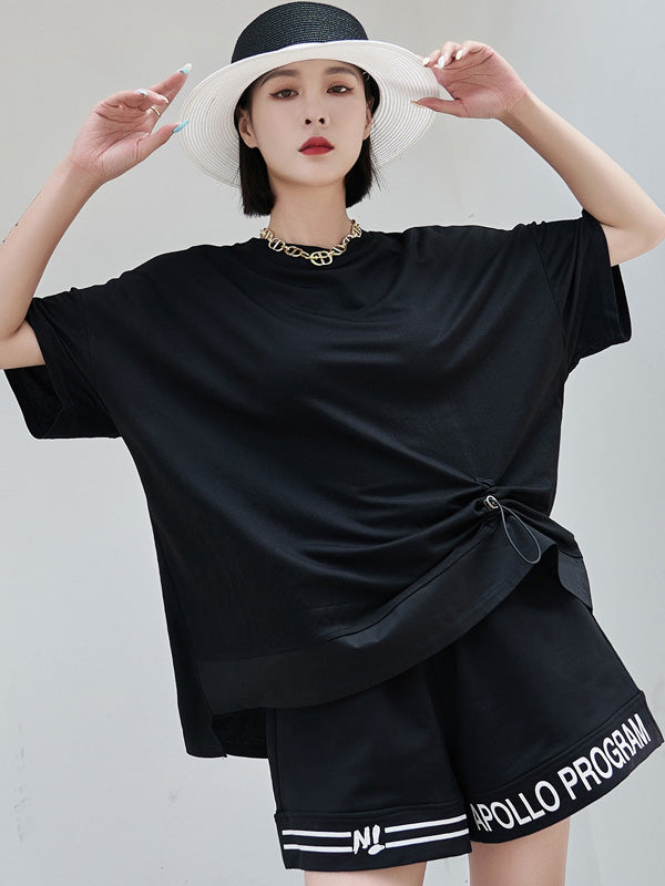 Stylish Black Asymmetric Drawstring Pleated Round-Neck Short Sleeves T-Shirts