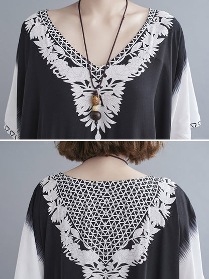 Bohemia Printed V-Neck Batwing Sleeves Contrast Color Maxi Dress