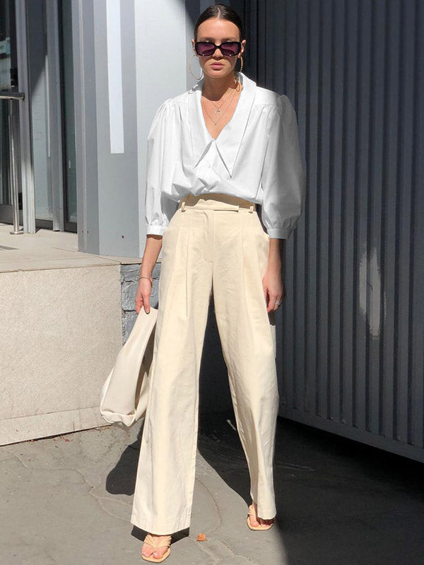 Urban Solid Color Split-Joint Pleated Lapel Collar Bishop Sleeves Shirt