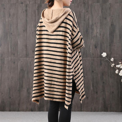 Buykud Split Hem Horizontal Stripes Knitted Hoodie