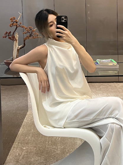 White&Black High-Neck High-Low Vest