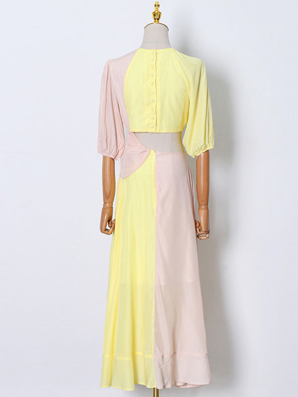 Stylish Contrast Color Split-Joint Round-Neck Raglan Sleeve Maxi Dress