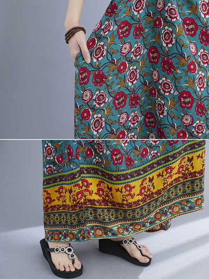 Vacation Flower Print V-Neck Batwing Sleeve Maxi Dress