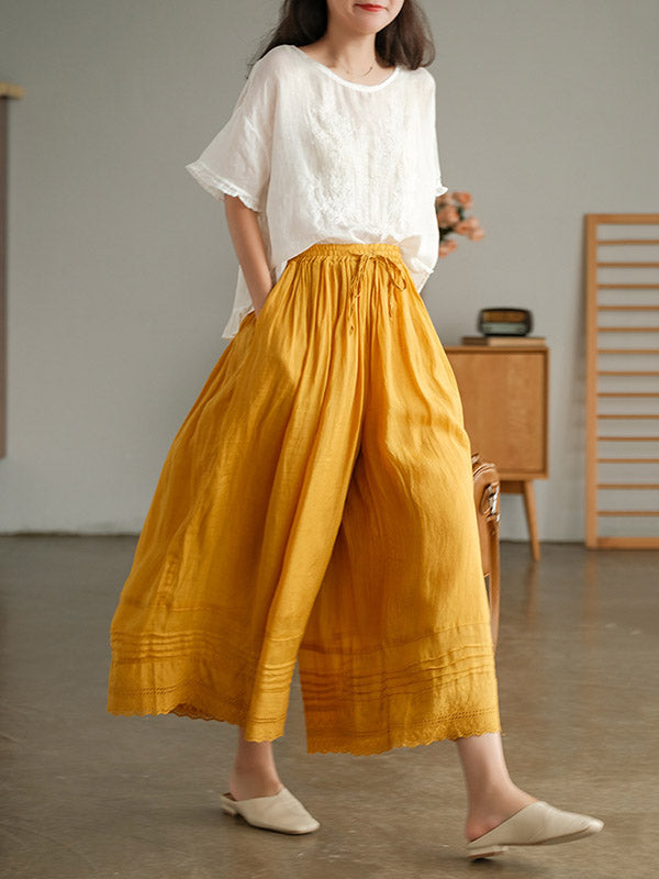 Ramie Cotton Embroidered Round-Neck T-Shirts Tops