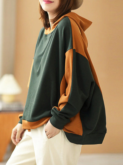 Casual Split-Joint Contrast Color Batwing Sleeve Hoodies