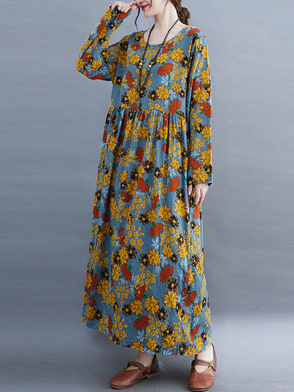 Vintage Floral Round-Neck Long Sleeves A-Line Maxi Dress