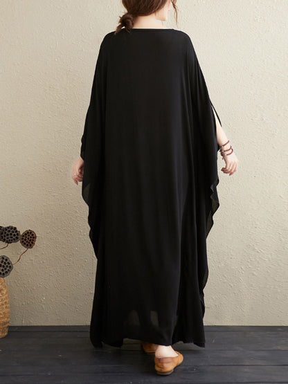 National Loose Embroidered Round-Neck Batwing Sleeves Midi Dress