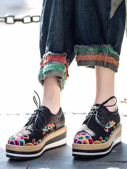 Floral Embroidered Leather Platform Shoes