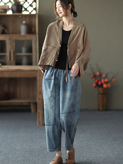 Casual V-Neck Linen Batwing Sleeves Outerwear