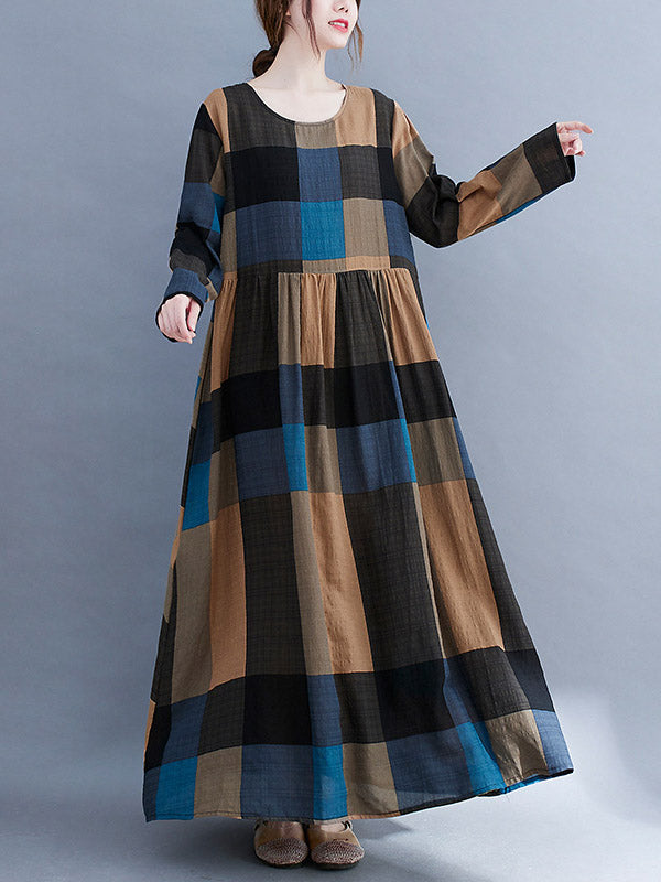 Vintage Ramie Cotton Long Sleeves A-Line Maxi Dresses