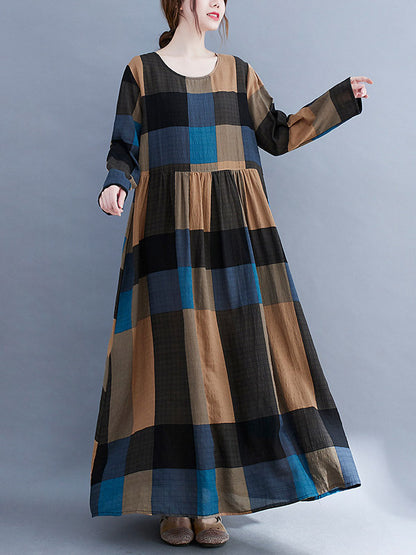 Vintage Ramie Cotton Long Sleeves A-Line Maxi Dresses