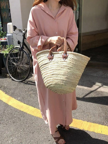 Simple Loose Casual Solid Color Buttoned Split-Side Lapel Collar Long Sleeves Midi Shirt Dress