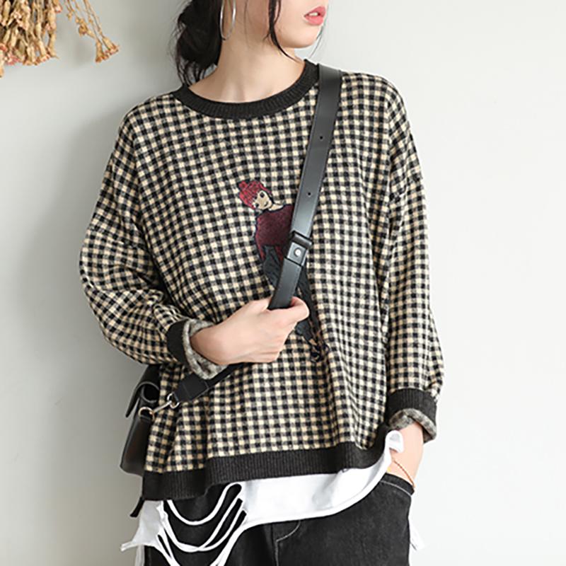Buykud Plaid And Cartoon Character Casual Knitted Shirt