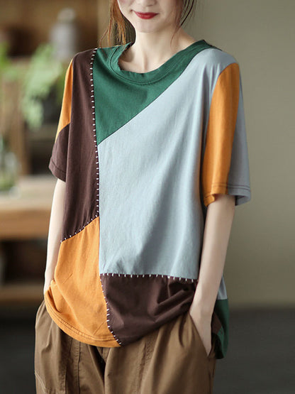 Cotton Blend Round-Neck Contrast Color T-Shirts Tops