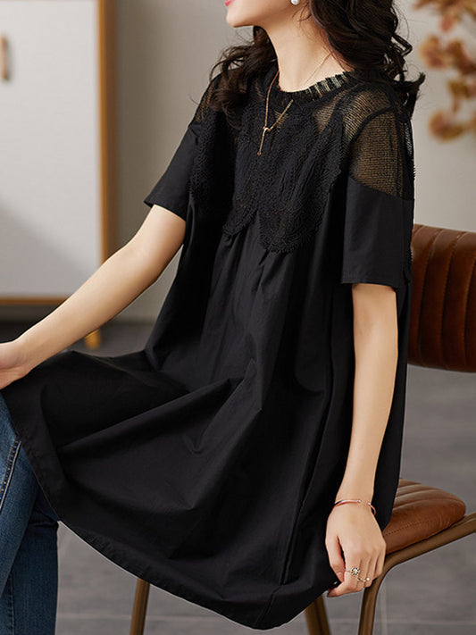 Simple Loose Solid Color Split-Joint Embroidered Hollow Lace Pleated Round-Neck Short Sleeves T-Shirt