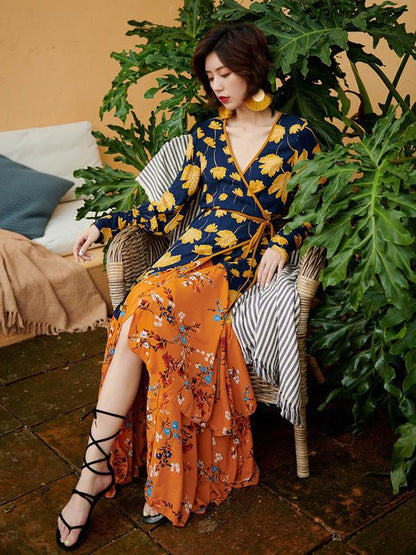 Asymmetric Long Sleeves Bohemia Wrap Dress