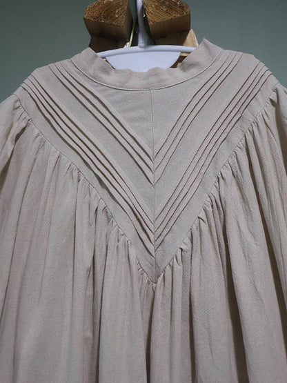 Casual Ramie Cotton Solid Color High-Neck Short Sleeves Maxi Dress