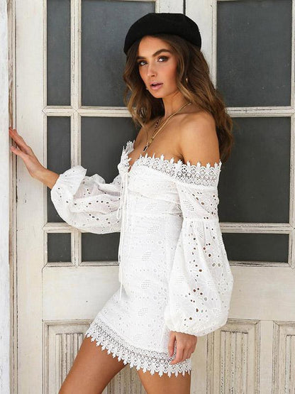 Bohemia Hollow Puff Sleeves Mini Dresses