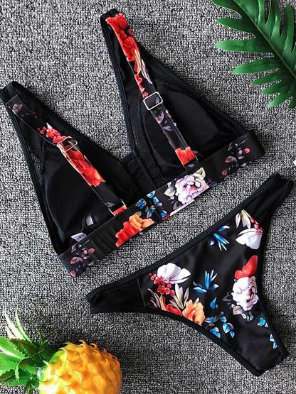 Flowers Printed Tulle Bikinis Swimwear