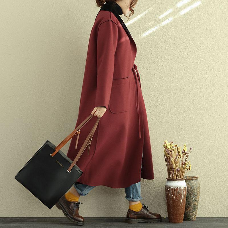 Casual Polo Collar Long Sleeve Red Women Woolen Coat