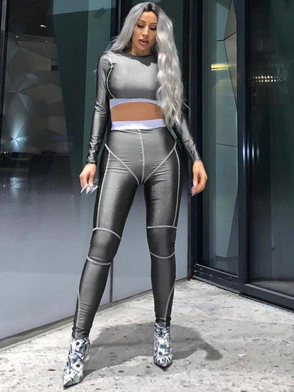 Line Printed Long Sleeves Tee and Fitness Legging Suits
