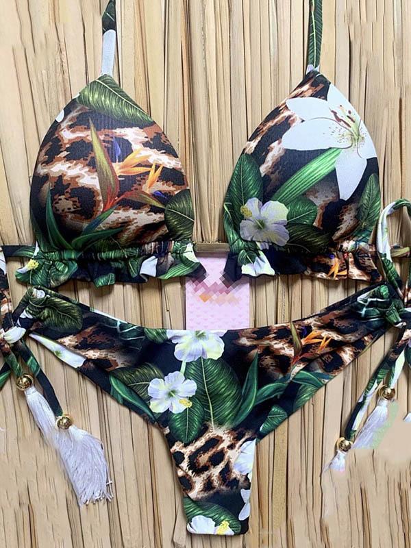 Retro Printed Bandage Split Bikini Swimsuit