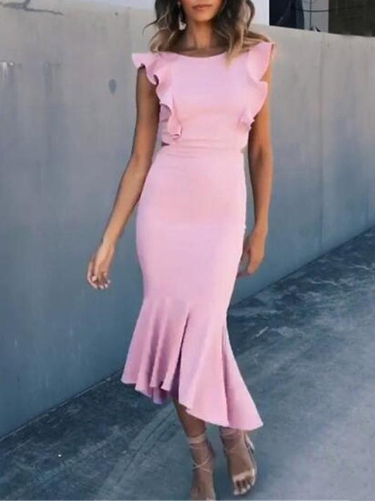 Falbala Backless Solid Midi Dresses