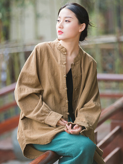 Original Artistic Retro Loose Solid Color Ramie Cotton Blouse Outwear