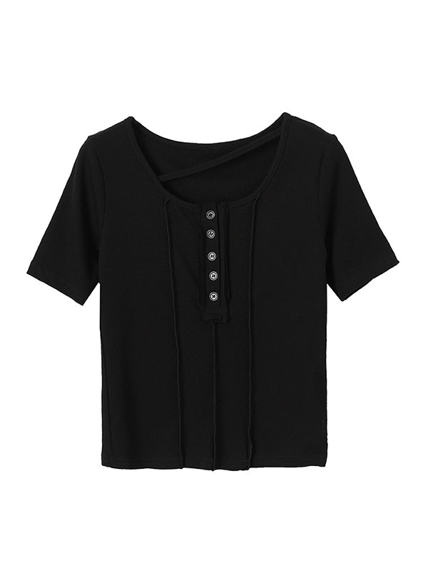 Original Stylish Solid Color Buttoned Skinny T-Shirt Top