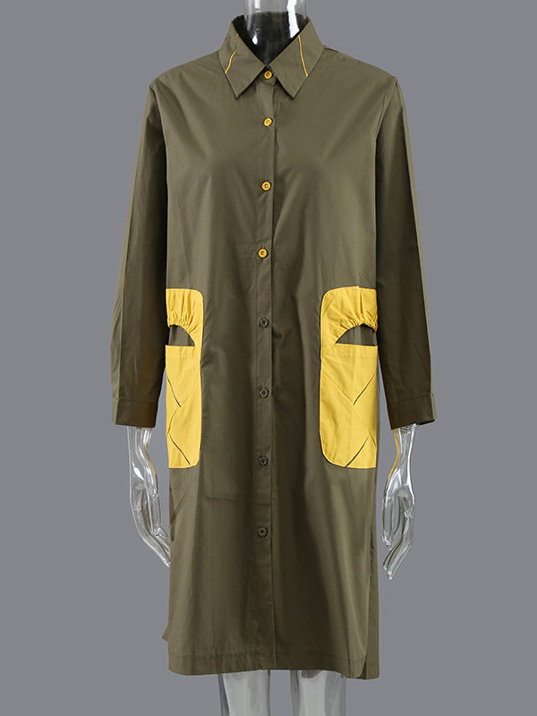 Casual Split-Joint Buttoned Lapel Collar Long Sleeves Midi Shirt Dress