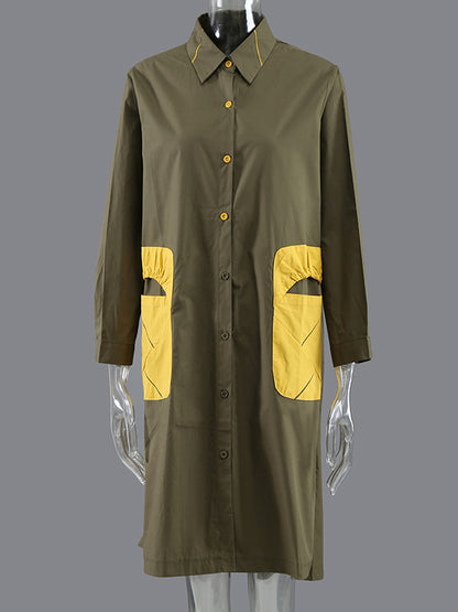 Casual Split-Joint Buttoned Lapel Collar Long Sleeves Midi Shirt Dress