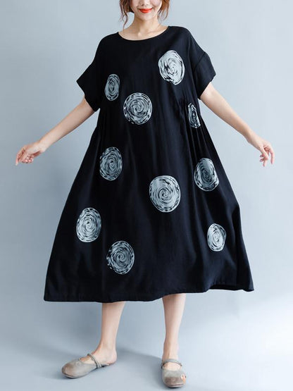 Black Polka-Dot Print Round-neck Midi Dress