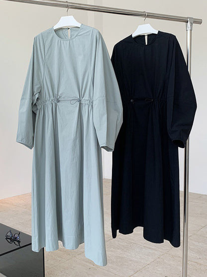 Simple Solid Color Round-Neck Pleated Long Sleeves Midi Dress