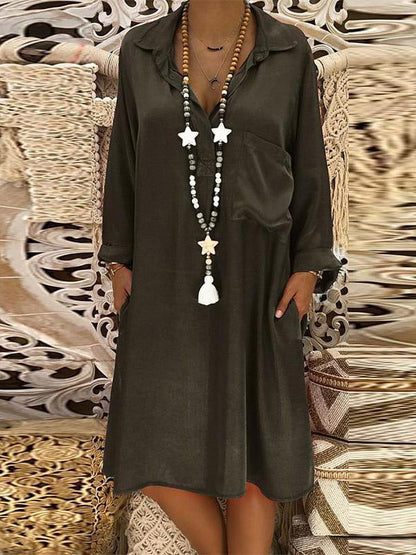 Loose V-neck Pocket Long Sleeves Midi Dress