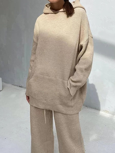 Simple Casual Solid Color Knitted Hoodies+Knitted Elasticity Wide Leg Pants 2 Pieces Set