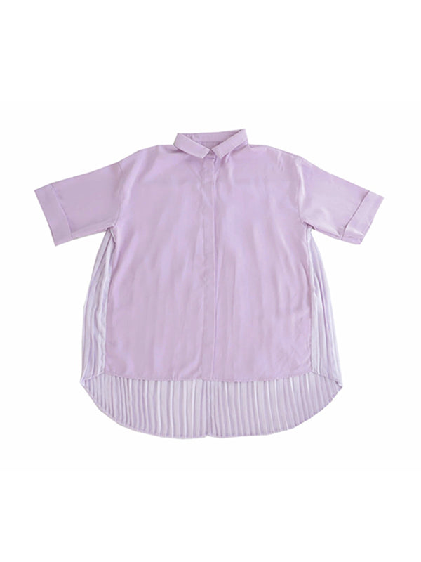 Stylish Solid Color High-Low Pleated Split-Joint Half Sleeves Blouse