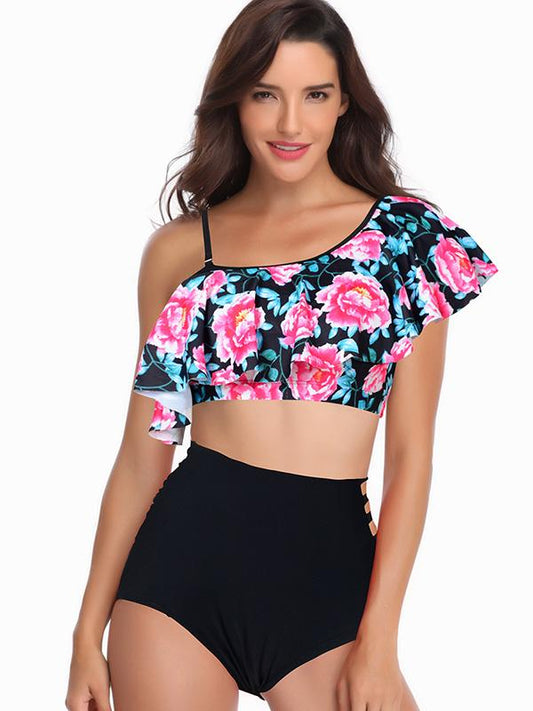 Sexy Single Shoulder Falbala Printed Tankini