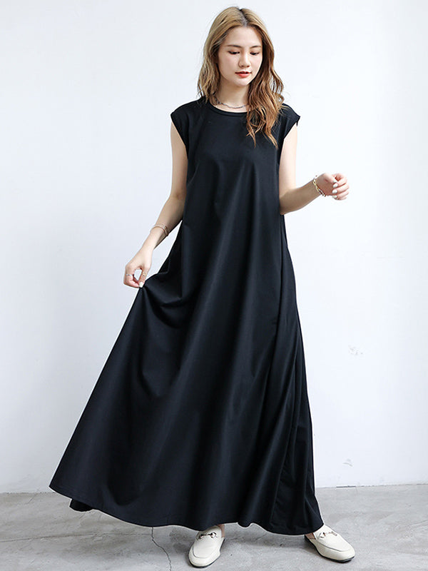 Simple Solid Color Oversized A-Line Round-Neck Cap Sleeves Maxi Dress