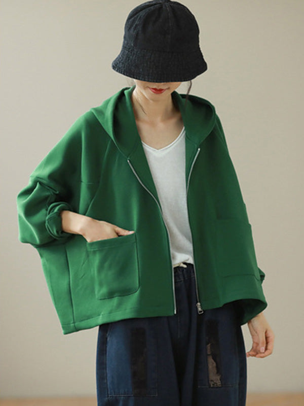 Casual Loose Solid Color Hooded Split-Joint Zipper Outerwear