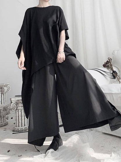 Black Loose Cropped Asymmetric T-shirt Tops